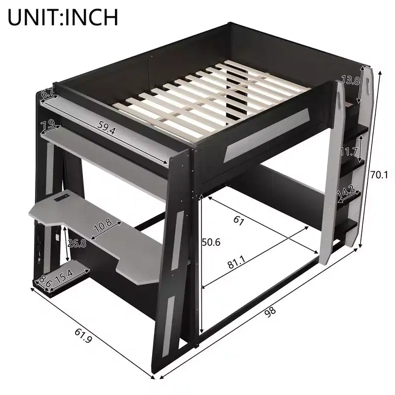 Twin/Full/Queen Gaming Bunk Bed with Built-In Desk, USB Port, LED Lights & Storage Shelves