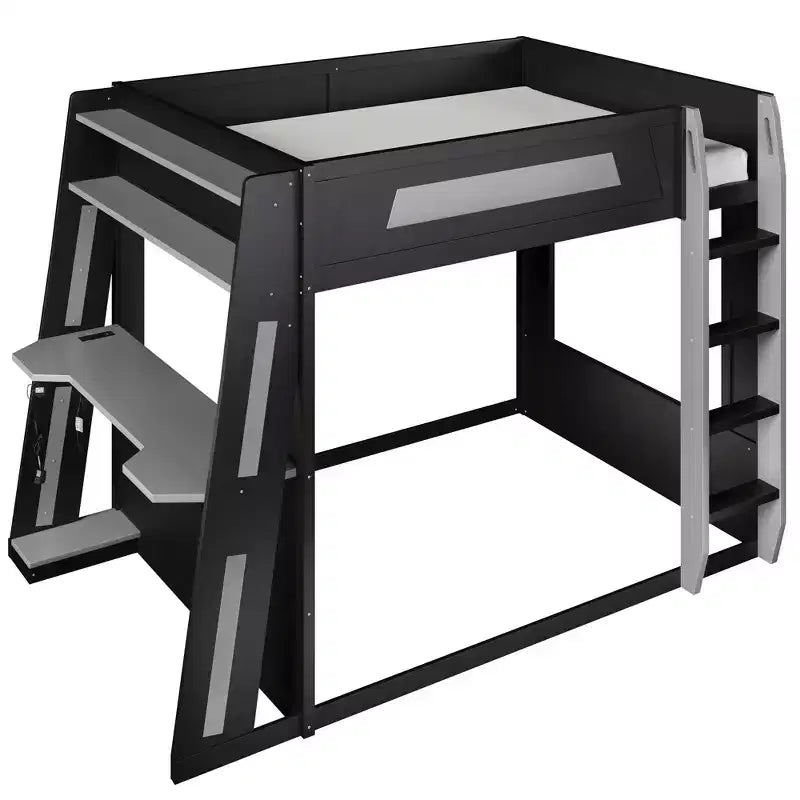 Twin/Full/Queen Gaming Bunk Bed with Built-In Desk, USB Port, LED Lights & Storage Shelves