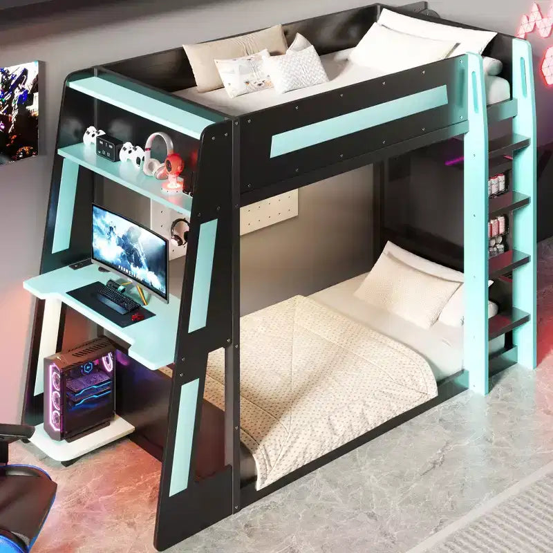 Twin/Full/Queen Gaming Bunk Bed with Built-In Desk, USB Port, LED Lights & Storage Shelves