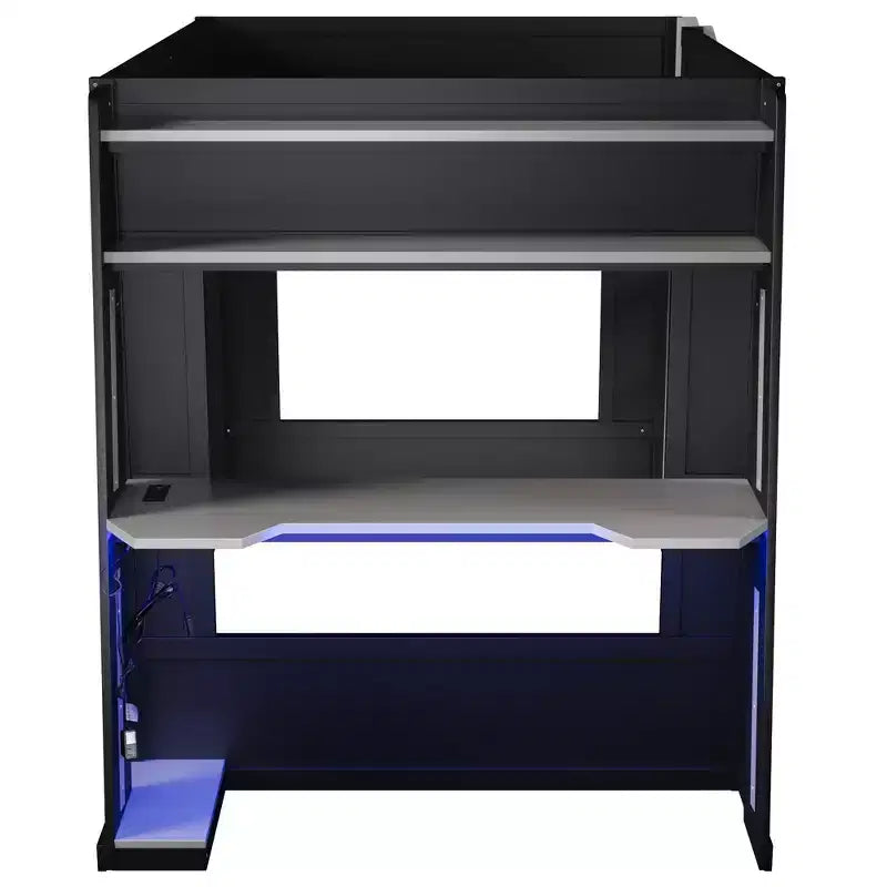 Twin/Full/Queen Gaming Bunk Bed with Built-In Desk, USB Port, LED Lights & Storage Shelves