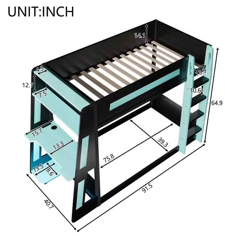 Twin/Full/Queen Gaming Bunk Bed with Built-In Desk, USB Port, LED Lights & Storage Shelves