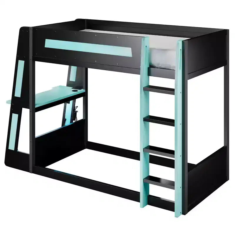 Twin/Full/Queen Gaming Bunk Bed with Built-In Desk, USB Port, LED Lights & Storage Shelves
