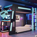 Twin/Full/Queen Gaming Bunk Bed with Built-In Desk, USB Port, LED Lights & Storage Shelves - ModernLuxe