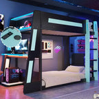 Twin/Full/Queen Gaming Bunk Bed with Built-In Desk, USB Port, LED Lights & Storage Shelves - ModernLuxe