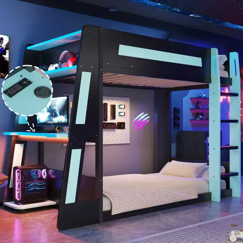 Twin/Full/Queen Gaming Bunk Bed with Built-In Desk, USB Port, LED Lights & Storage Shelves - ModernLuxe