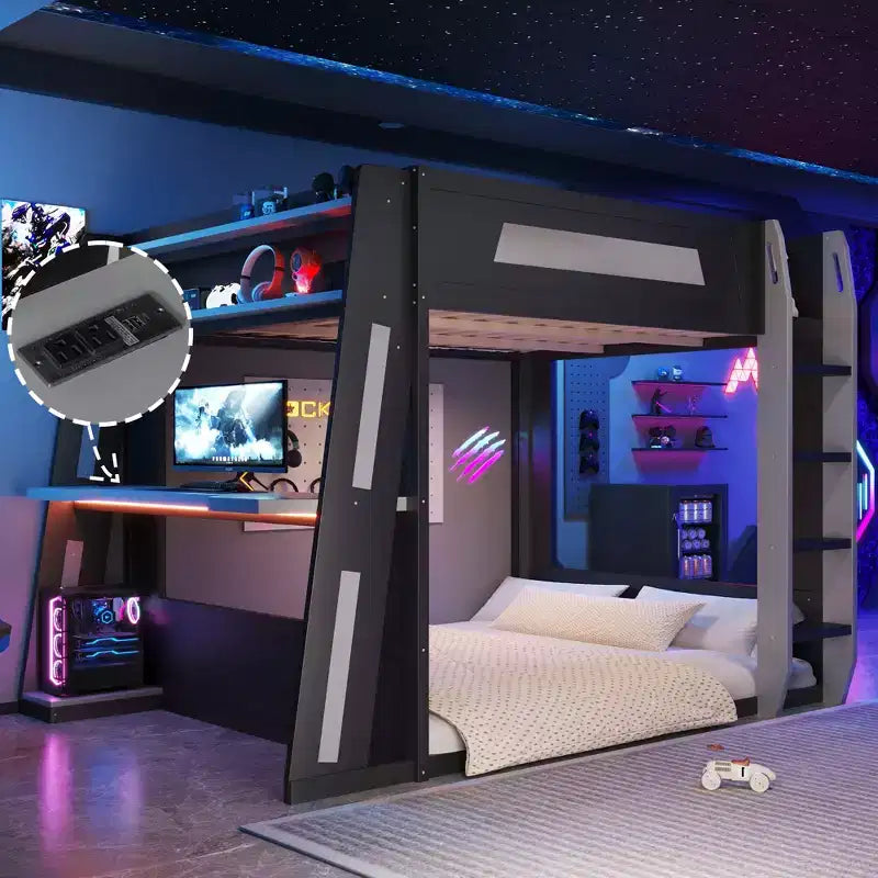 Twin/Full/Queen Gaming Bunk Bed with Built-In Desk, USB Port, LED Lights & Storage Shelves