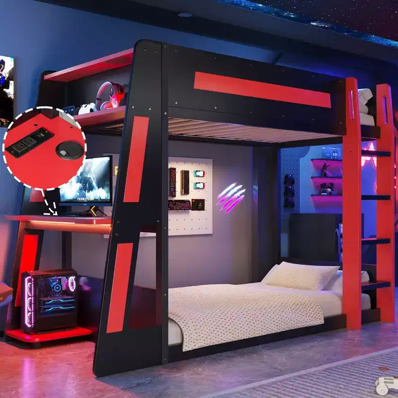 Twin/Full/Queen Gaming Bunk Bed with Built-In Desk, USB Port, LED Lights & Storage Shelves