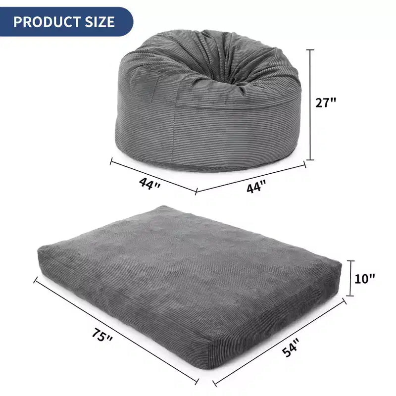2-in-1 Full Size Giant Bean Seat - Convertible Corduroy Floor Mattress Sofa Couch with High Density Foam for Bedroom, Living Room
