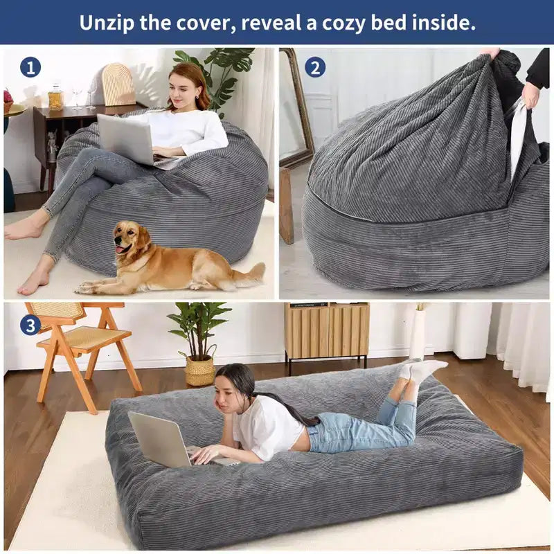 2-in-1 Full Size Giant Bean Seat - Convertible Corduroy Floor Mattress Sofa Couch with High Density Foam for Bedroom, Living Room