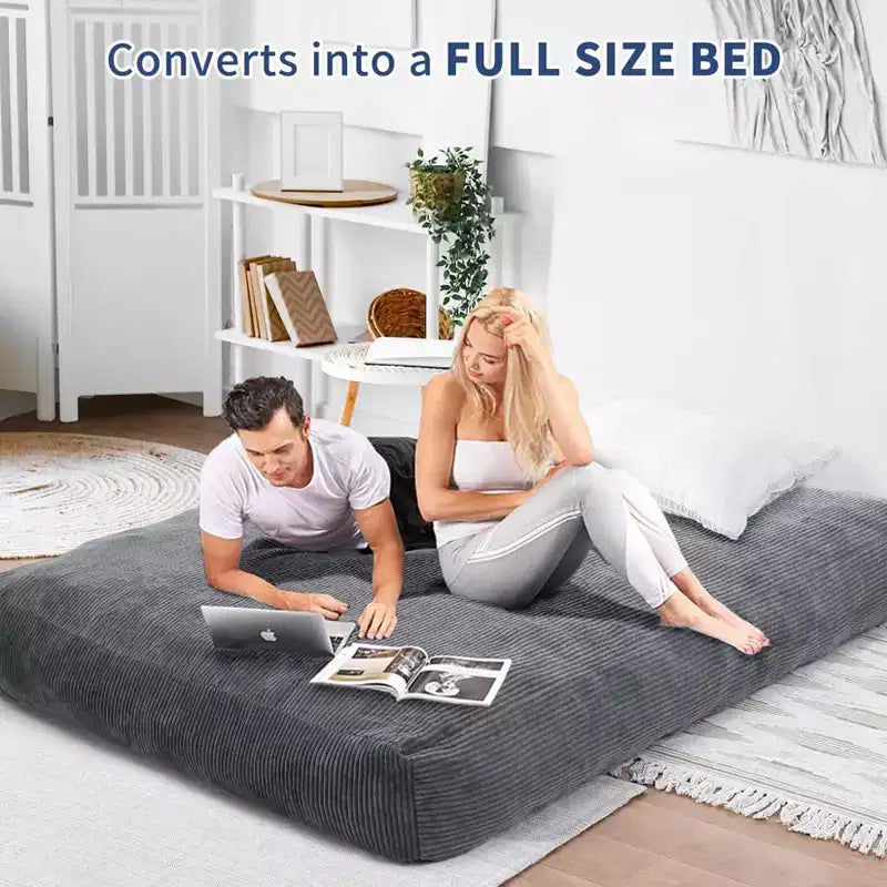 2-in-1 Full Size Giant Bean Seat - Convertible Corduroy Floor Mattress Sofa Couch with High Density Foam for Bedroom, Living Room