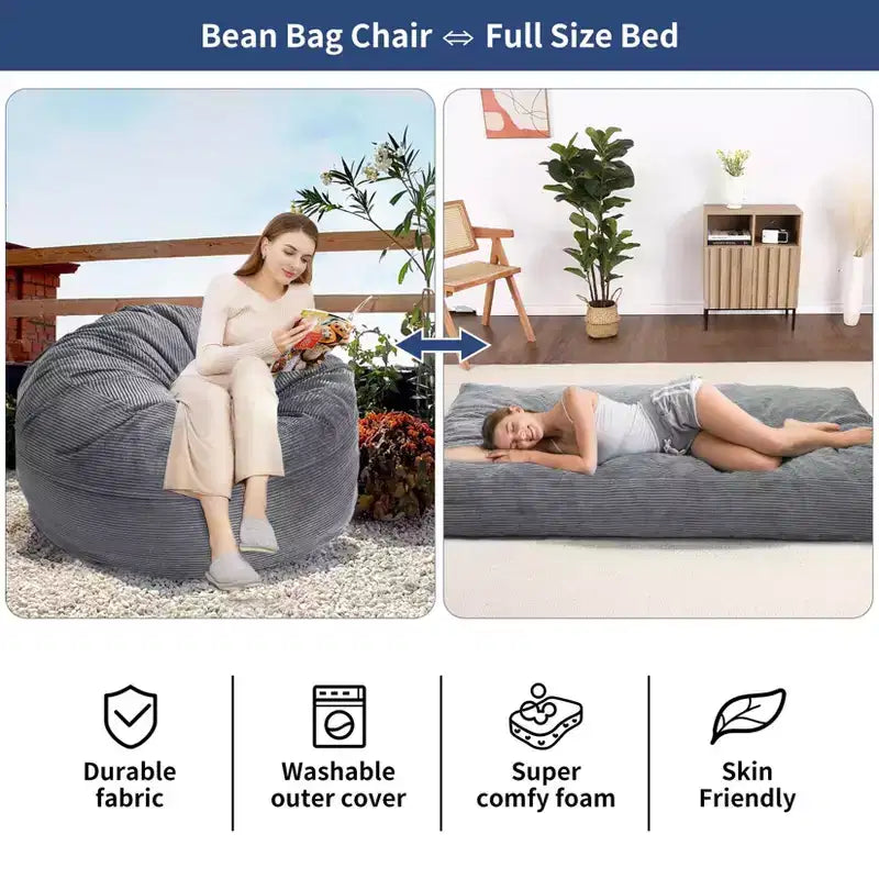 2-in-1 Full Size Giant Bean Seat - Convertible Corduroy Floor Mattress Sofa Couch with High Density Foam for Bedroom, Living Room