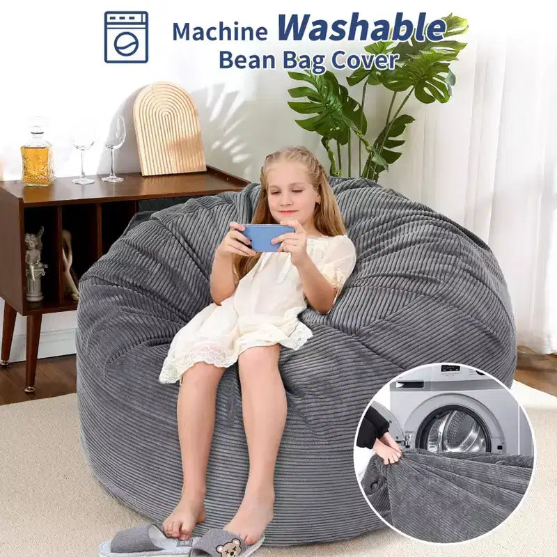 2-in-1 Full Size Giant Bean Seat - Convertible Corduroy Floor Mattress Sofa Couch with High Density Foam for Bedroom, Living Room