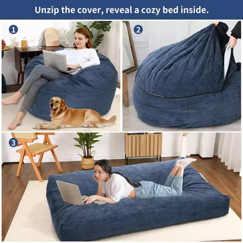 2-in-1 Full Size Giant Bean Seat - Convertible Corduroy Floor Mattress Sofa Couch with High Density Foam for Bedroom, Living Room