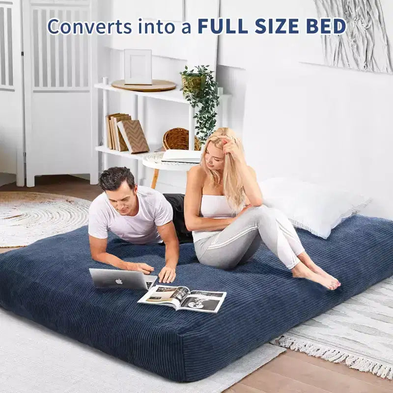 2-in-1 Full Size Giant Bean Seat - Convertible Corduroy Floor Mattress Sofa Couch with High Density Foam for Bedroom, Living Room