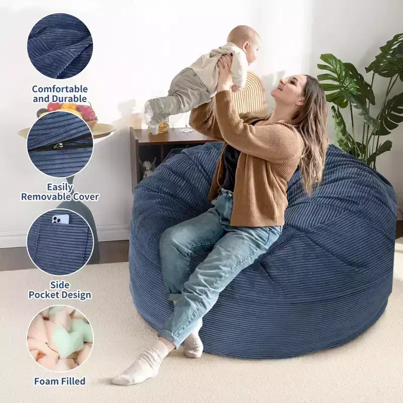 2-in-1 Full Size Giant Bean Seat - Convertible Corduroy Floor Mattress Sofa Couch with High Density Foam for Bedroom, Living Room