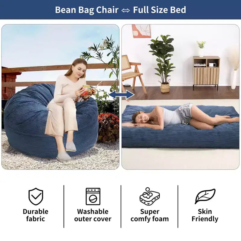 2-in-1 Full Size Giant Bean Seat - Convertible Corduroy Floor Mattress Sofa Couch with High Density Foam for Bedroom, Living Room