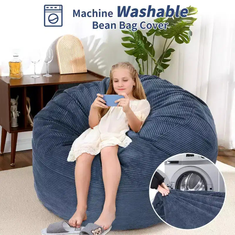 2-in-1 Full Size Giant Bean Seat - Convertible Corduroy Floor Mattress Sofa Couch with High Density Foam for Bedroom, Living Room