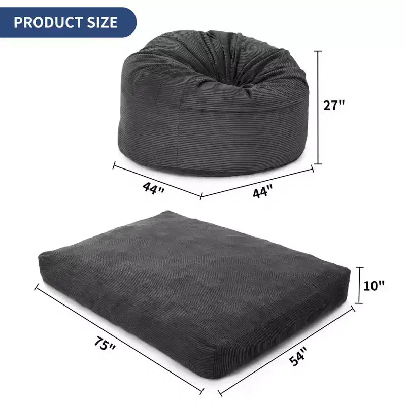 2-in-1 Full Size Giant Bean Seat - Convertible Corduroy Floor Mattress Sofa Couch with High Density Foam for Bedroom, Living Room