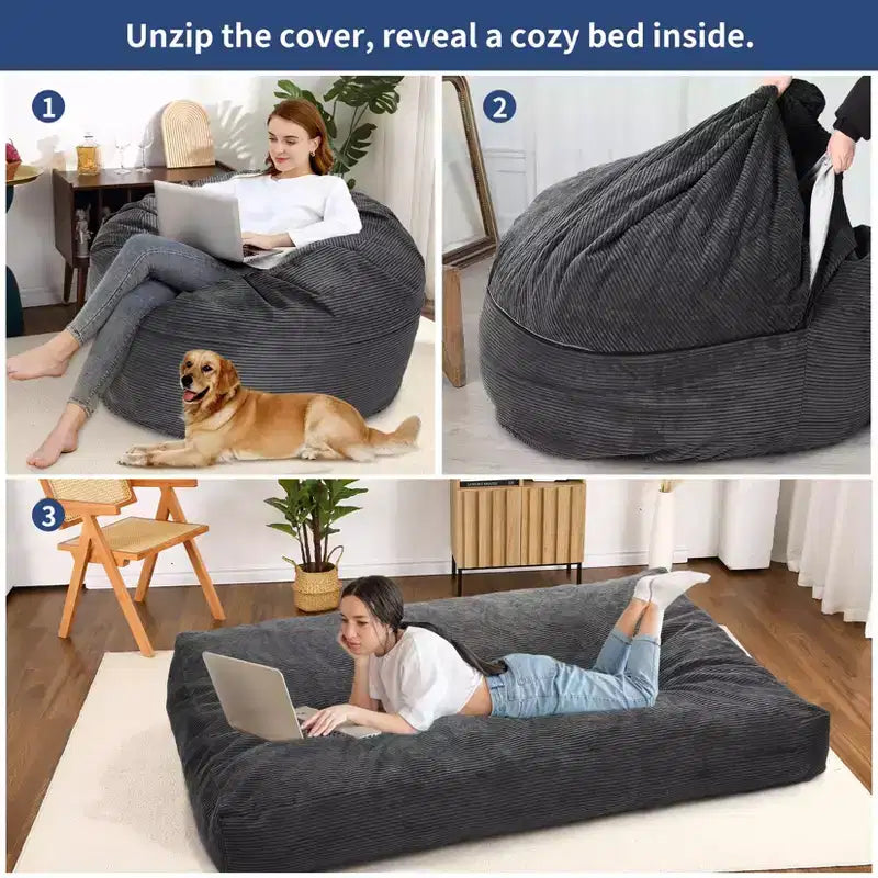 2-in-1 Full Size Giant Bean Seat - Convertible Corduroy Floor Mattress Sofa Couch with High Density Foam for Bedroom, Living Room
