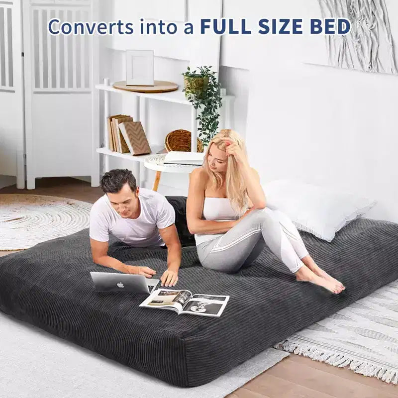 2-in-1 Full Size Giant Bean Seat - Convertible Corduroy Floor Mattress Sofa Couch with High Density Foam for Bedroom, Living Room