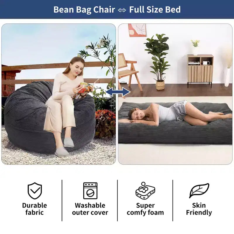 2-in-1 Full Size Giant Bean Seat - Convertible Corduroy Floor Mattress Sofa Couch with High Density Foam for Bedroom, Living Room