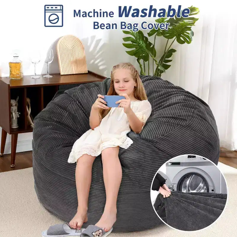2-in-1 Full Size Giant Bean Seat - Convertible Corduroy Floor Mattress Sofa Couch with High Density Foam for Bedroom, Living Room
