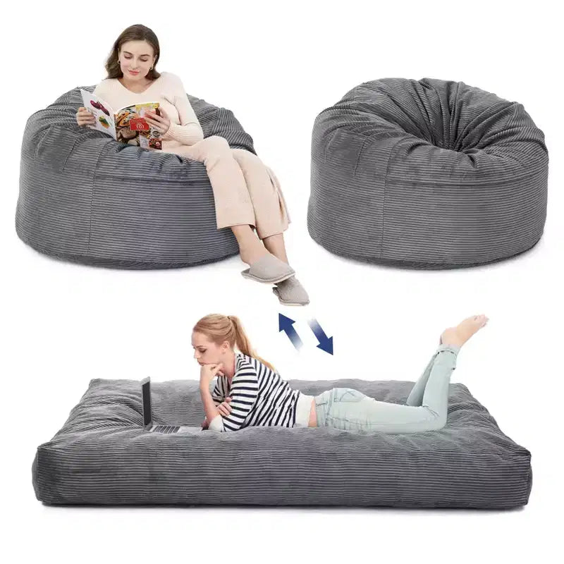 2-in-1 Full Size Giant Bean Seat - Convertible Corduroy Floor Mattress Sofa Couch with High Density Foam for Bedroom, Living Room