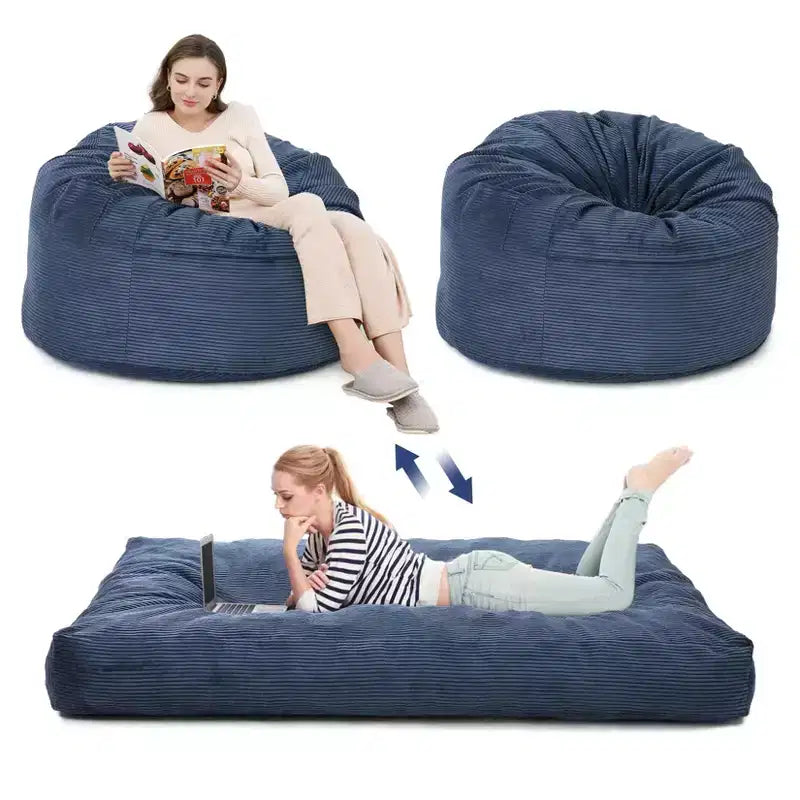 2-in-1 Full Size Giant Bean Seat - Convertible Corduroy Floor Mattress Sofa Couch with High Density Foam for Bedroom, Living Room