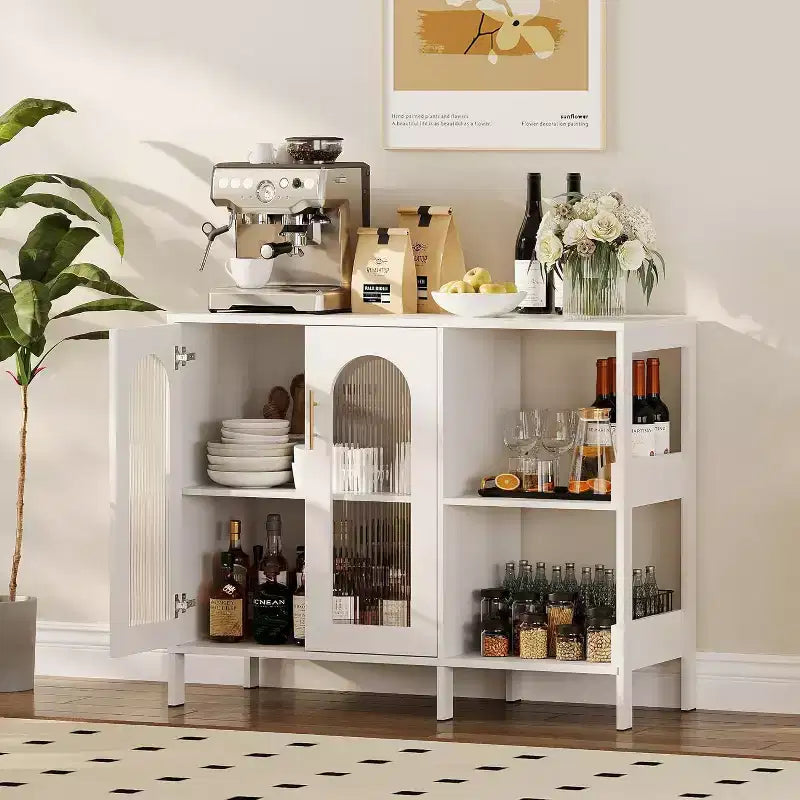 Acekool White 39.4 Inch Modern Glass Door Display Cabinet with Golden Handles, for Dining Room & Living Room Storage