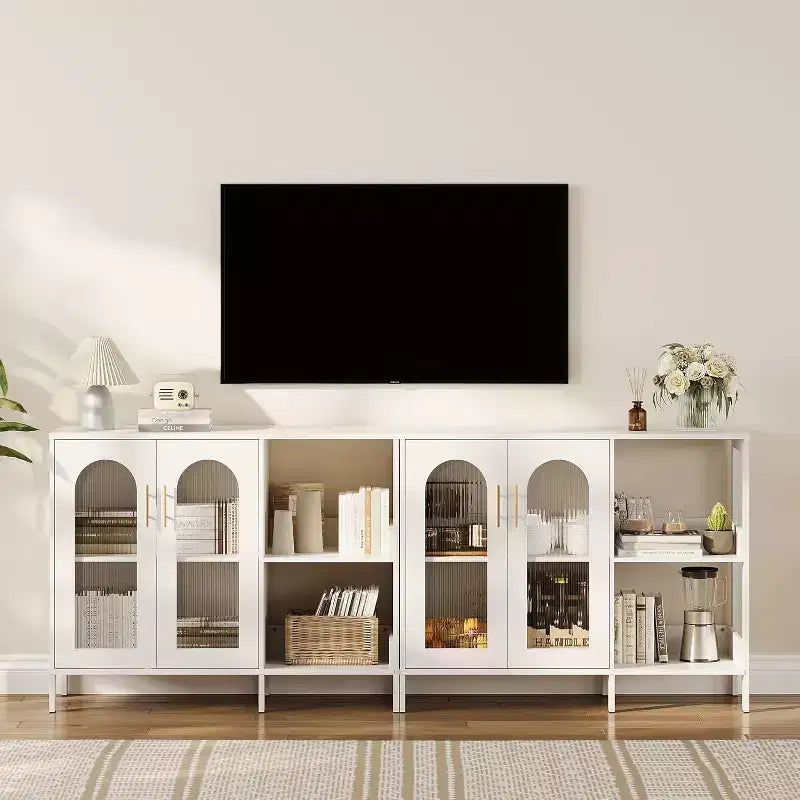 39.4" White Modern Glass Door Display Cabinet with Gold Handles, Dining & Living Room