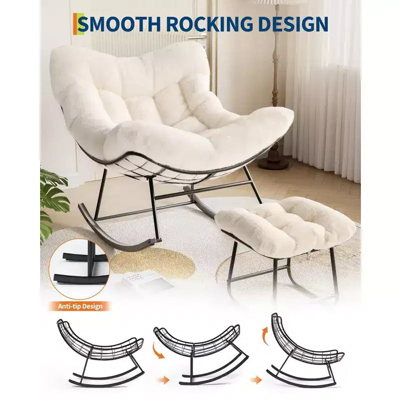 Oversized Papasan Rocking Chair with Ottoman and Soft Plush Cushion, Lounge Chair with Footrest and Sturdy Metal Frame, Egg Rocker for Living Room