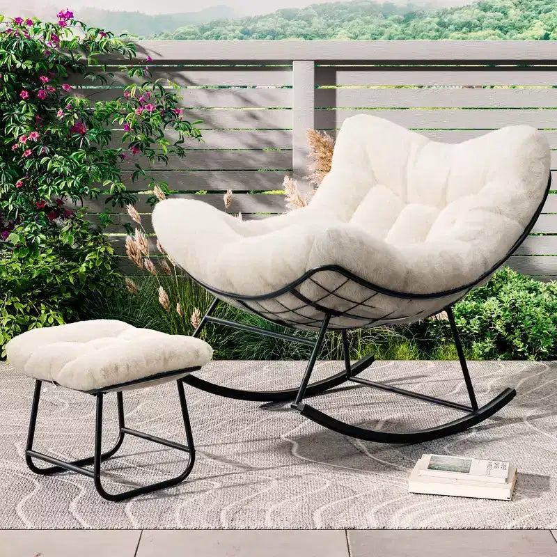 Oversized Papasan Rocking Chair with Ottoman and Soft Plush Cushion, Lounge Chair with Footrest and Sturdy Metal Frame, Egg Rocker for Living Room