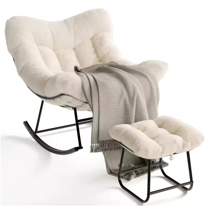 Oversized Papasan Rocking Chair with Ottoman and Soft Plush Cushion, Lounge Chair with Footrest and Sturdy Metal Frame, Egg Rocker for Living Room