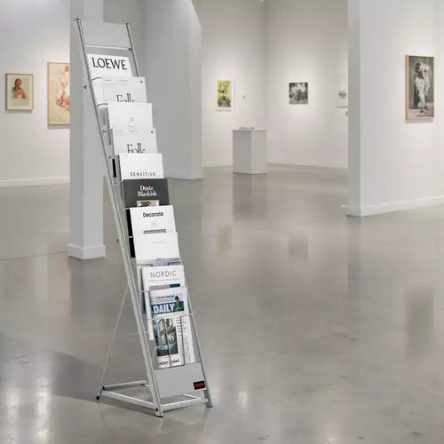 10-Pocket Floor Standing Magazine & Brochure Display Rack, Metal, Silver