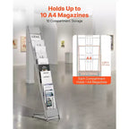10-Pocket Floor Standing Magazine & Brochure Display Rack, Metal, Silver