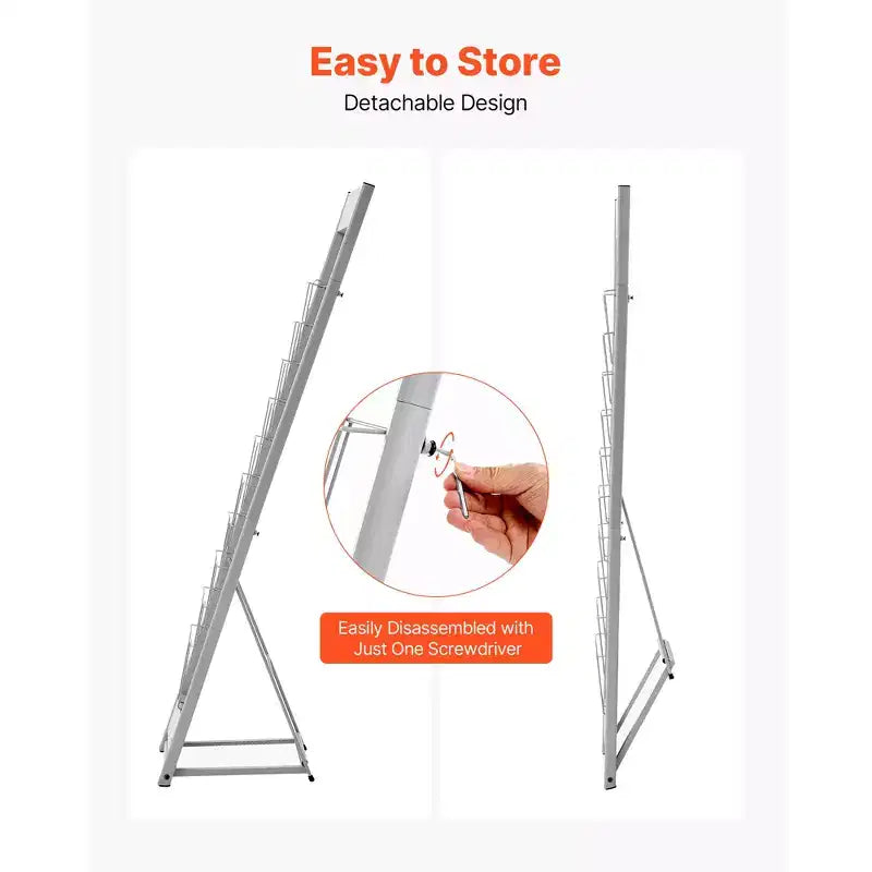 10-Pocket Floor Standing Magazine & Brochure Display Rack, Metal, Silver