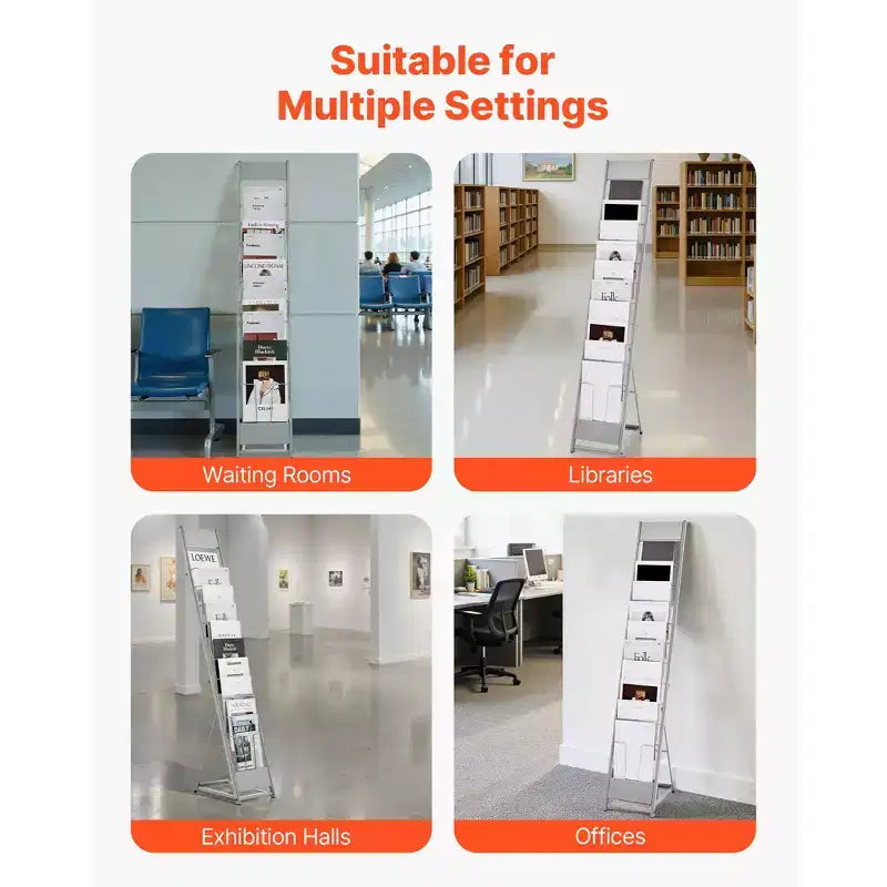 10-Pocket Floor Standing Magazine & Brochure Display Rack, Metal, Silver