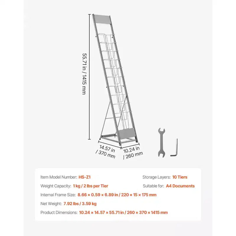 10-Pocket Floor Standing Magazine & Brochure Display Rack, Metal, Silver