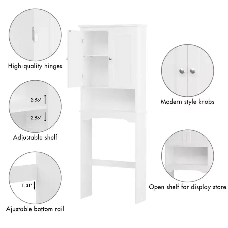 66inTall Over The Toilet Storage Cabinet, Bathroom Shelf Organizer, Wood Space Saver, White