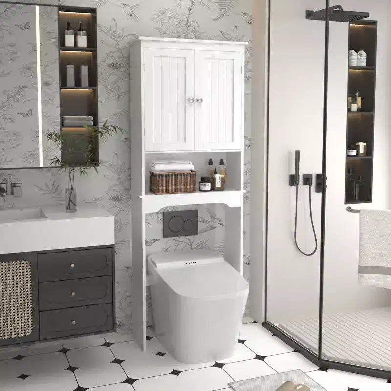 66inTall Over The Toilet Storage Cabinet, Bathroom Shelf Organizer, Wood Space Saver, White