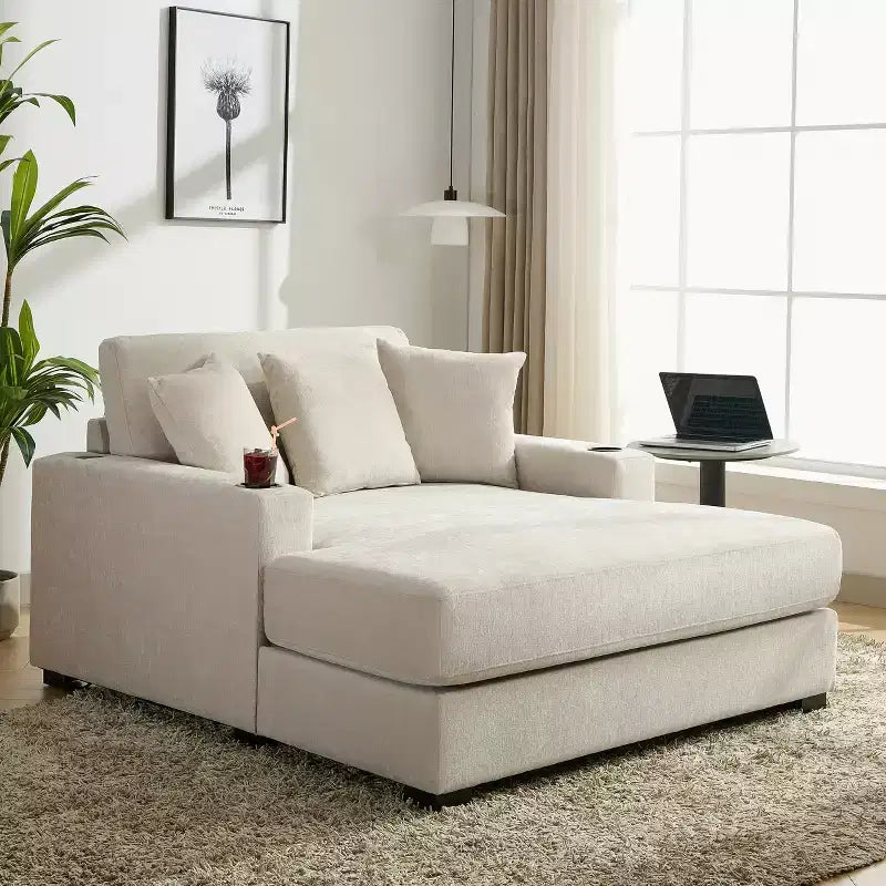 Oversized Chenille Chaise Lounger Sofa with Charge Station & Cup Holders