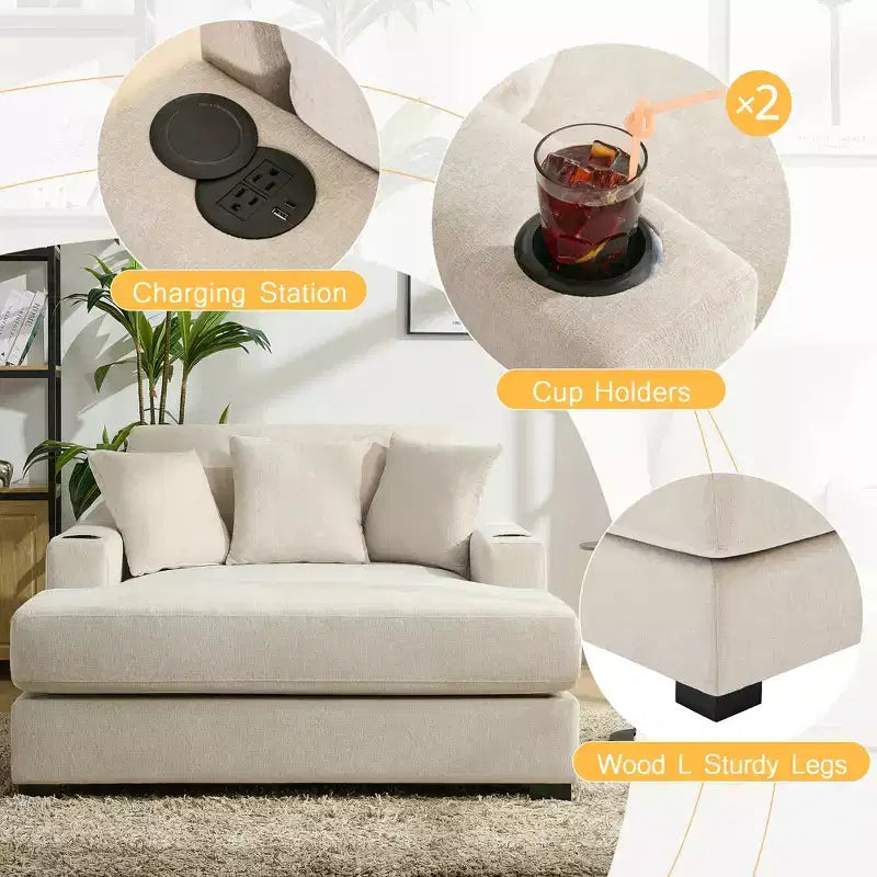 Oversized Chenille Chaise Lounger Sofa with Charge Station & Cup Holders