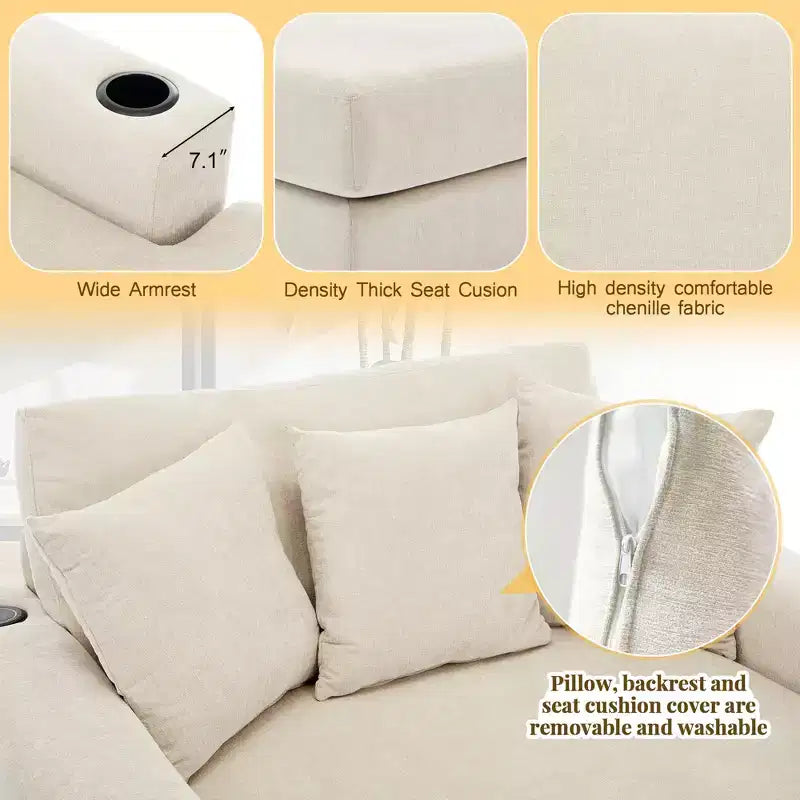 Oversized Chenille Chaise Lounger Sofa with Charge Station & Cup Holders
