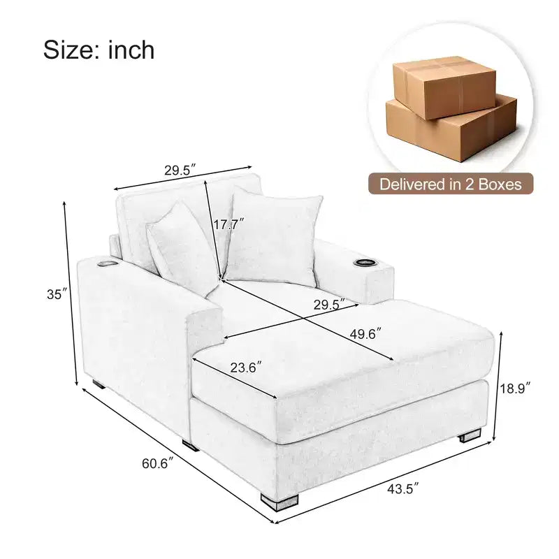 Oversized Chenille Chaise Lounger Sofa with Charge Station & Cup Holders