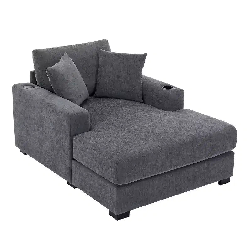 Oversized Chenille Chaise Lounger Sofa with Charge Station & Cup Holders