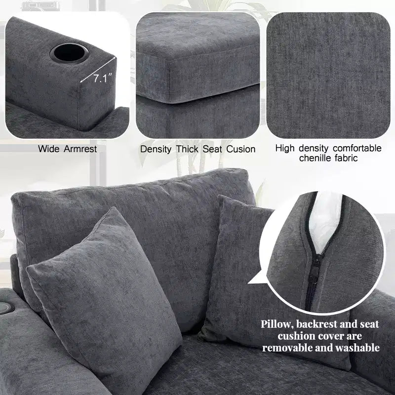 Oversized Chenille Chaise Lounger Sofa with Charge Station & Cup Holders