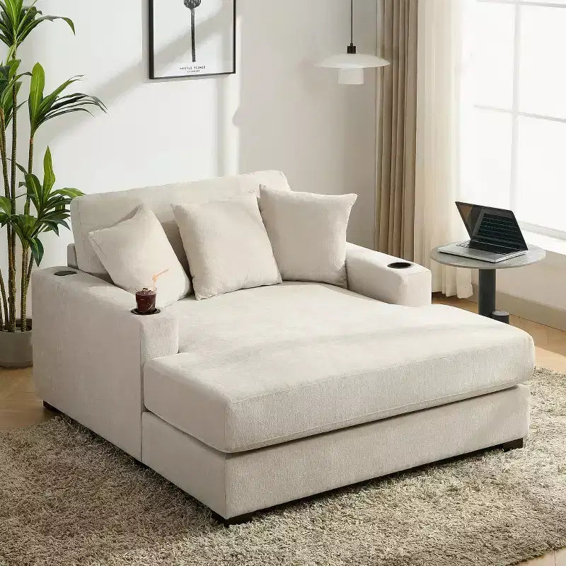 Oversized Chenille Chaise Lounger Sofa with Charge Station & Cup Holders