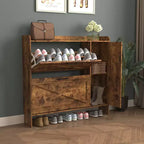 Shoe cabinet with 2 flip-top drawers, freestanding storage unit with metal legs, suitable for entryways, narrow shoe rack, country brown color