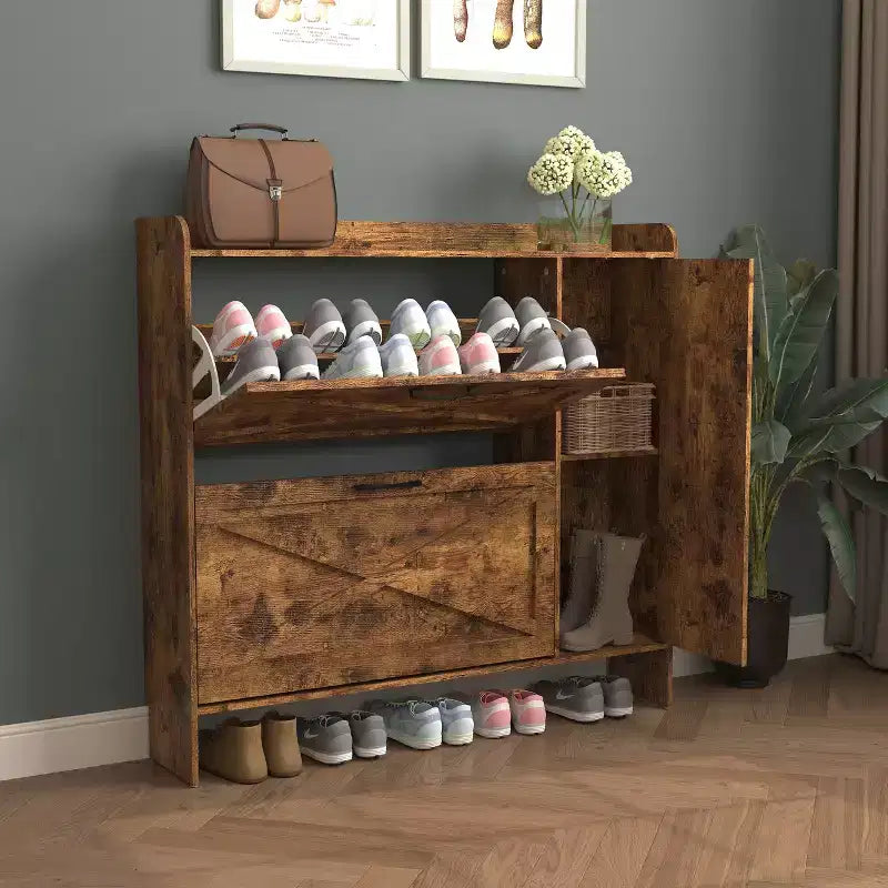 Shoe cabinet with 2 flip-top drawers, freestanding storage unit with metal legs, suitable for entryways, narrow shoe rack, country brown color
