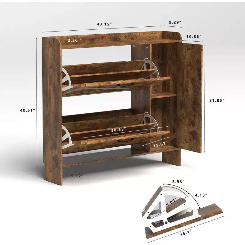 Shoe cabinet with 2 flip-top drawers, freestanding storage unit with metal legs, suitable for entryways, narrow shoe rack, country brown color